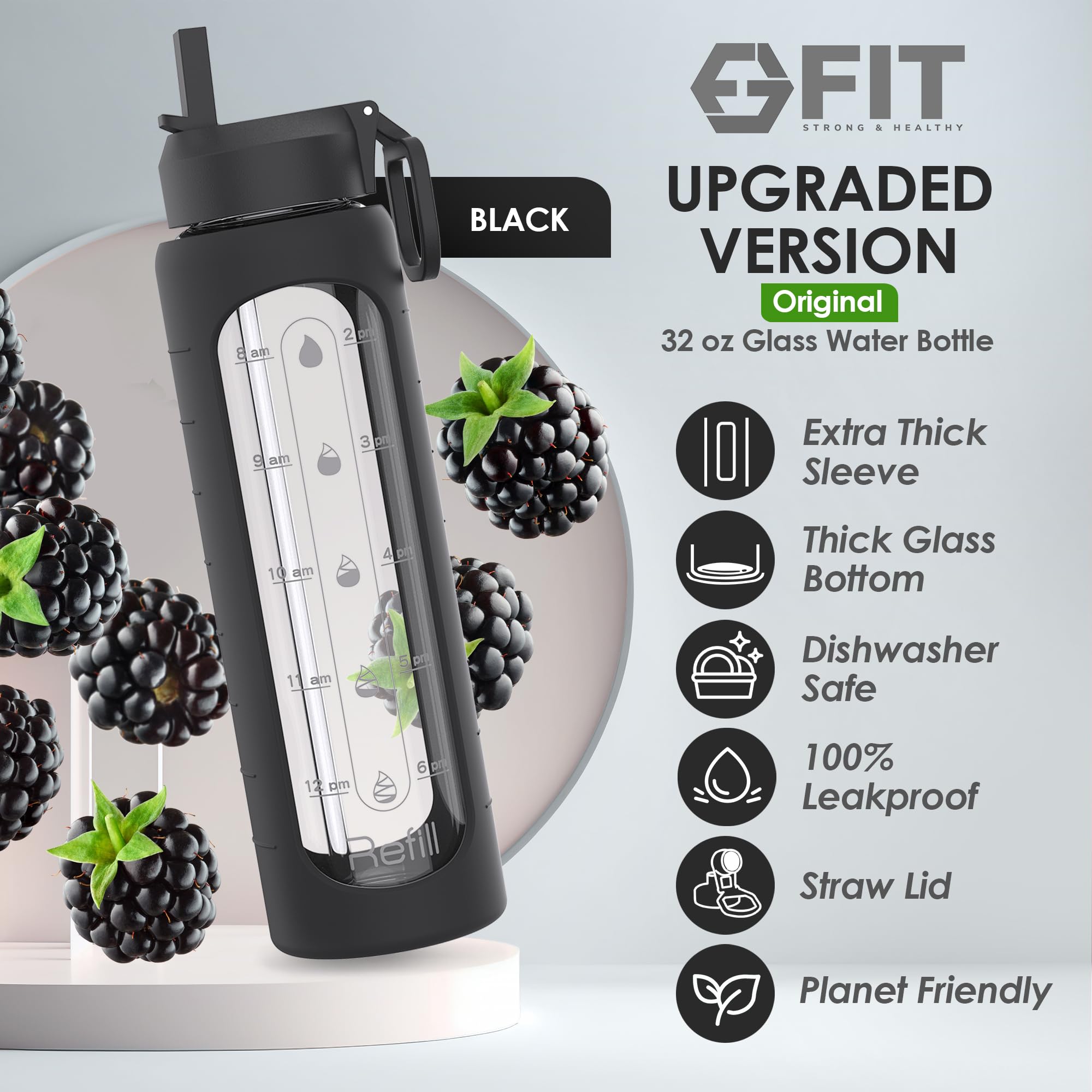 Glass Water Bottle, Wide Mouth, BPA Free Drinking Bottle, 32oz