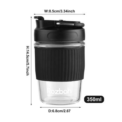 ROZBAH 12oz BPA Free Glass Coffee Cup - Reusable Travel Mug