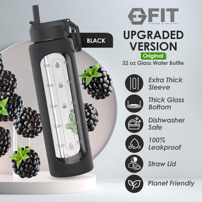 Glass Water Bottle, Wide Mouth, BPA Free Drinking Bottle, 32oz