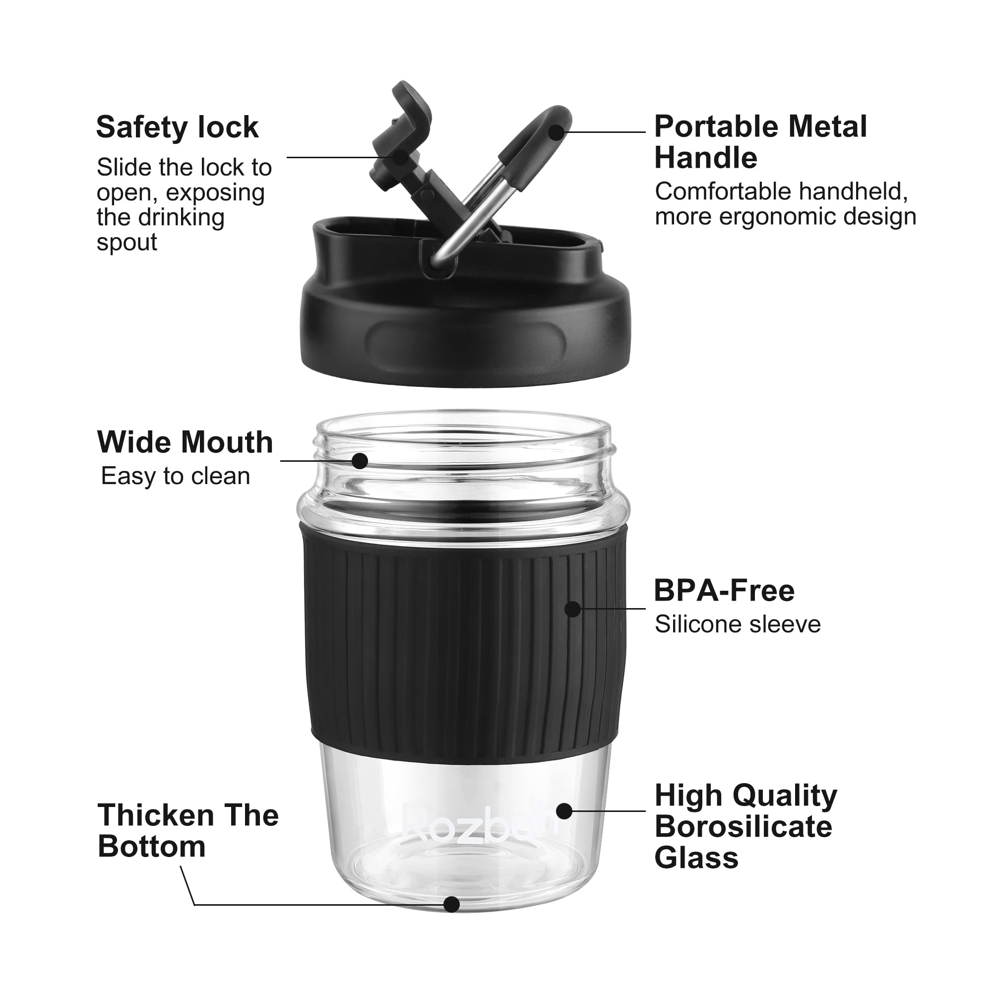 ROZBAH 12oz BPA Free Glass Coffee Cup - Reusable Travel Mug