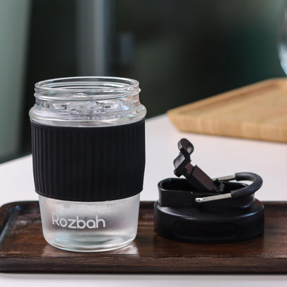 ROZBAH 12oz BPA Free Glass Coffee Cup - Reusable Travel Mug