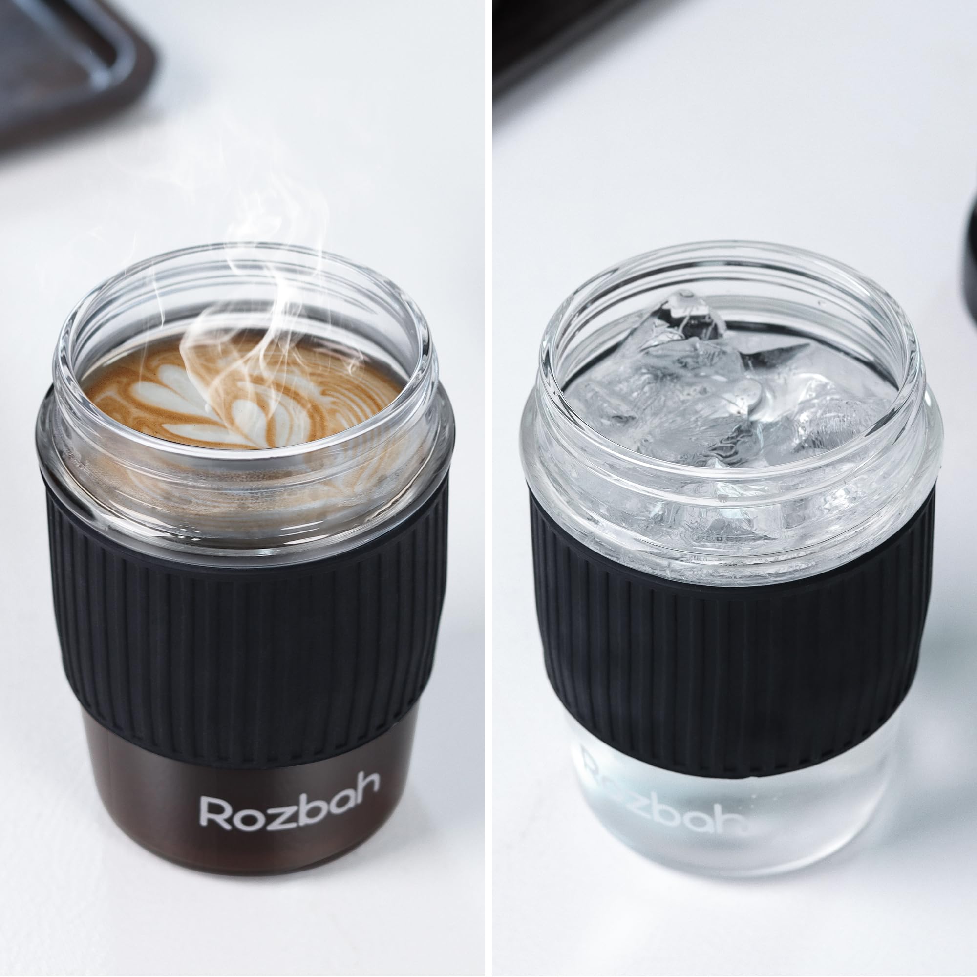 ROZBAH 12oz BPA Free Glass Coffee Cup - Reusable Travel Mug