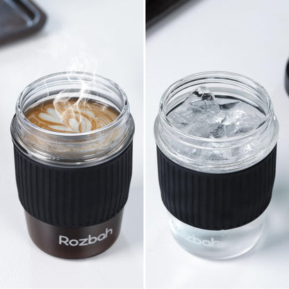 ROZBAH 12oz BPA Free Glass Coffee Cup - Reusable Travel Mug