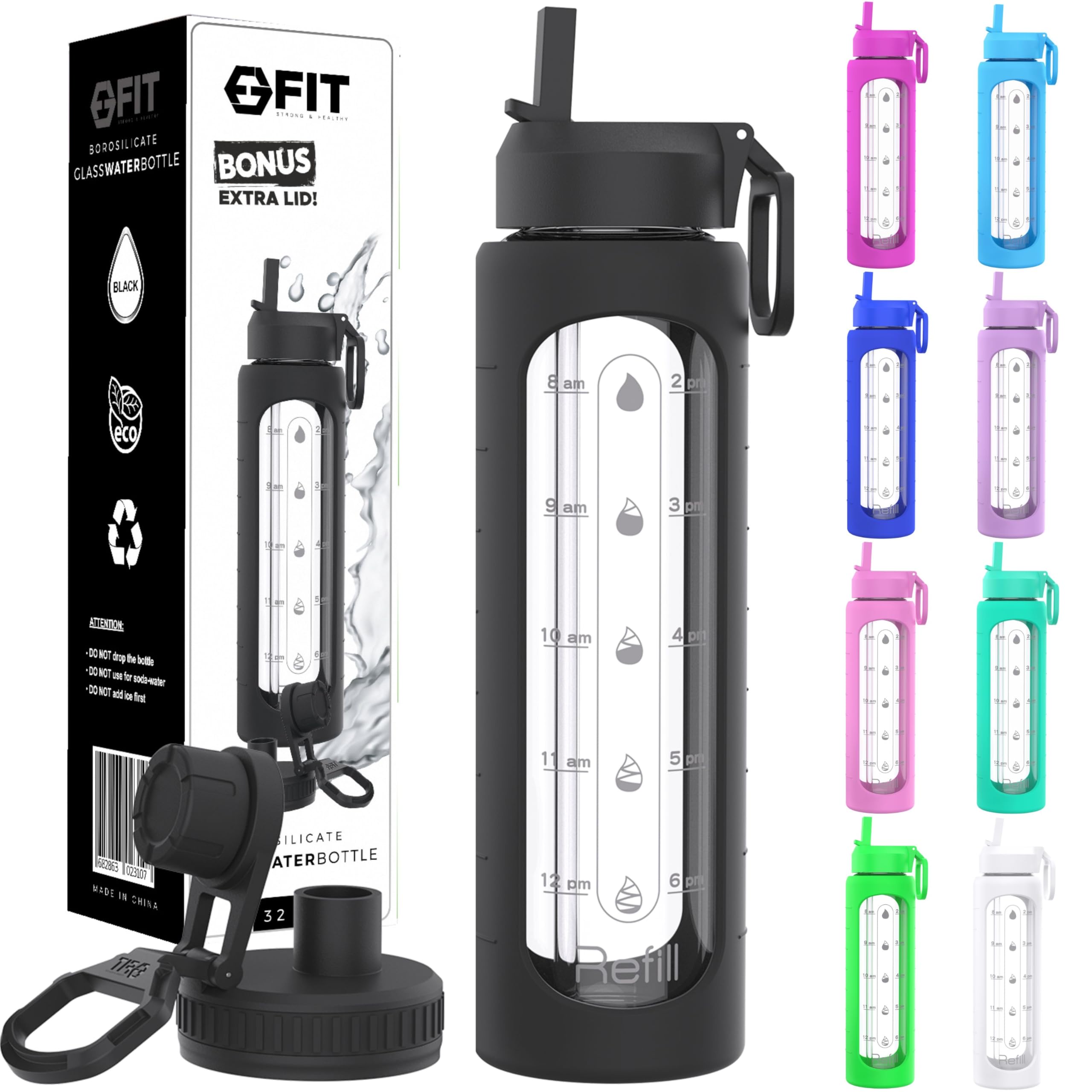 Glass Water Bottle, Wide Mouth, BPA Free Drinking Bottle, 32oz